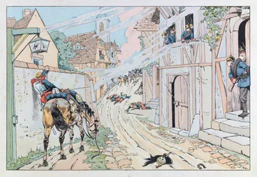 Jacques Marie Gaston Onfray de Breville dit JOB (1858 - 1931); Illustration hämtad från boken "" Les epees de France"": Avsnitt av det franska preussiska kriget 1870, överfall från 9:e Cuirassiers i byn Morsbronn; Coll, del