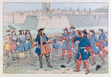 Jacques Marie Gaston Onfray de Breville kallad JOB (1858 - 1931); Illustration hämtad från boken "Les epees de France": Le marechal de Villars tog över staden Douai den 27 augusti