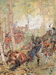 Jacques Marie Gaston Onfroy de Breville dit JOB (1858-1931) - George Washington i slaget vid Monongahela mot fransmännen den 9 juli