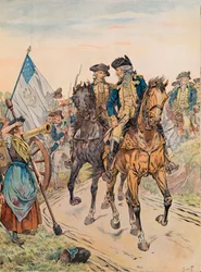 Jacques Marie Gaston Onfroy de Breville dit JOB (1858-1931) - George Washington passerade Molly Pitcher under slaget vid Monmouth den 28 juni 1778 under frihetskriget, privat samling