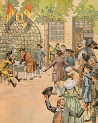 Jacques Marie Gaston Onfroy de Breville dit JOB (1858-1931) - Belgiens historia: värvning av volontärer för patrioternas armé på café du Coffy, privat samling
