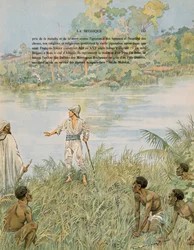 Jacques Marie Gaston Onfroy de Breville dit JOB (1858-1931) - Belgiens historia: Sergeant Henri de Bruyne (1868-1892) och löjtnant Joseph Lippens (död 1892) på stranden av La Lomami i Kongo 1889, privat samling