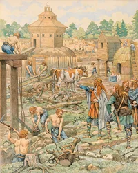 Jacques Marie Gaston Onfroy de Breville dit JOB (1858-1931) - Belgiens historia: Clodion le Chevelu (cirka 390-cirka 450), kung av francen, etablerade sin huvudstad i Tournai (turnering), privat samling