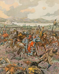 Jacques Marie Gaston Onfroy de Breville dit JOB (1858-1931) - Belgiens historia: Johannes 1:e hertig av Brabant segrande i slaget vid Woeringen 1288 under Limburgs tronföljdskriget och ger Brabant självstyre till Tyskland, privat samling