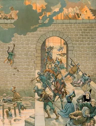 Jacques Marie Gaston Onfroy de Breville dit JOB (1858-1931) - Belgiens historia: Charles the Temerary (1433-1477), greve av Charolais den 25 augusti 1466 stormar och bränner staden Dinant, privat samling