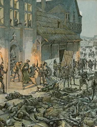 Jacques Marie Gaston Onfroy de Breville dit JOB (1858-1931) - Belgiens historia: Natten mellan den 27 och 28 oktober 1468 överraskade sexhundra Franchimontonis de franska soldaterna från Karl Temerary (1433-1477) och Ludvig XI (1423-1483) ) i deras läger S