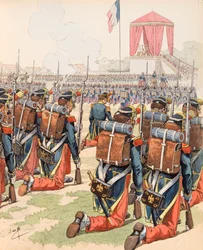 Jacques Marie Gaston Onfroy de Breville dit JOB (1858-1931) - Mässa i lägret Chalon under Napoleon III (även Mourmelons läger), Privat samling