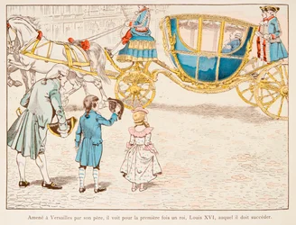 Jacques Marie Gaston Onfroy de Breville dit JOB (1858-1931) - Napoleon Bonaparte förd till Versailles av sin far träffar kung Ludvig XVI i Carossus för första gången 1770, Privat samling