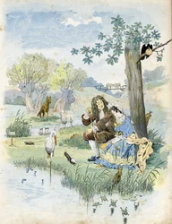 Jean de La Fontaine (Lafontaine) (1621-1695) pratar med en ung flicka. Runt dem finns djur som finns i poetens fabler: varg, lamm, stork, sköldpadda, råtta, groda, hare, räv, korp... i "" Frankrike, hans historia berättad av G. Montorgueil, imagee by Job" 