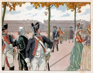 Joachim Murat (1767-1815) och Bessieres i Paris 1791 iklädda kostymen av kungens författningsvakt. Gravyr av Jacques Marie Gaston Onfray de Breville dit Job (1858-1931)