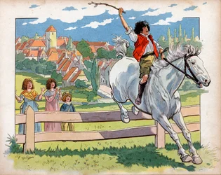 Joachim Murat (1767-1815) barn på en häst tränar på att hoppa häckar. Gravyr av Jacques Marie Gaston Onfray de Breville dit Job (1858-1931)