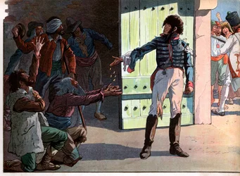Joachim Murat (1767-1815), dechu kung av Neapel, fånge i fästningen i hamnen i Pizzo delade ut sina pengar till banditer i fångenskap med honom 1815. Gravyr av Jacques Marie Gaston Onfray de Breville dit Job (1858-1931)