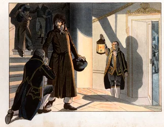 Joachim Murat (1767-1815) flydde från sitt palats i Neapel natten mellan den 19 och 20 maj 1815 för att återvända till Frankrike efter sitt nederlag mot österrikarna. Gravyr av Jacques Marie Gaston Onfray de Breville dit Job (1858-1931)
