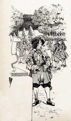 Kung Ludvig XIV av Frankrike kallade kung Soleil (1638-1715) med sina hovmän i Versailles trädgårdar. Illustration av Job (Jacques Marie Gaston Onfray och Breville) (Jacques-Marie) (1858-1931) för boken "De stora historiska orden i landet Frankrike"
