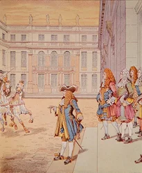 Ludvig XIV på gården i Versailles yttrar sin berömda fras 