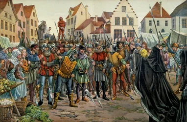 Maria av Bourgogne (1457-1482), hertiginna av Bourgogne gjorde anspråk på nåd för sina rådgivare 1477. Illustration av Jacques Marie Gaston Onfray de Breville dit JOB (1858-1931) i "" Louis XI"""