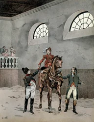 Napoleon I Bonaparte (1729-1821) deltog i ridlektioner för imponerande Marie Louise av Österrike (1791-1847). I "" Napoleon"" av Georges Montorgueil. Illustration av Jacques Marie Gaston Onfray de Breville dit JOB (1858-1931)