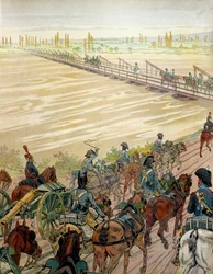 Napoleon I Bonaparte (1769-1821) och hans armé passerade Rhen den 1 oktober 1805. I "" Napoleon"" av Georges Montorgueil. Illustration av Jacques Marie Gaston Onfray de Breville dit JOB (1858-1931)