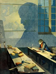 Napoleon I Bonaparte (1769-1821) studerar vid Royal Military School of Brienne (skola som drivs av Minimes i Aube, Champagne Ardennes). Dess skugga faller på den geografiska kartan över Europa. Illustration av Jacques Marie Gaston Onfray de Breville dit JO