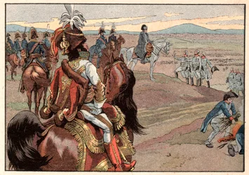 Napoleon I Bonaparte (1769-1821) med Joachim Murat (1767-1815) under kapitulationen av Ulm 1805. Gravyr av Jacques Marie Gaston Onfray de Breville dit Job (1858-1931)