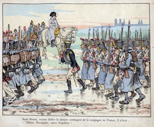Napoleon tittar på arméns sista kontingent på den franska landsbygden nära Reims, 16 mars