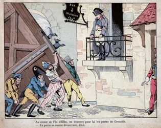Napoleon samlar sina soldater till Grenoble när han återvände från Elba - Staden Grenoble öppnar sina portar för Napoleon när han återvände från exil på Elba, 7 mars 1815 - litografi av Job (Jacques Onfroy de Breville) från "" Le Grand Napoleon des Petit