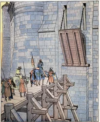 Öppna upp, det är Frankrikes förmögenhet! (eller "Öppen, det är Frankrikes olyckskonung!") Ord från Frankrikes kung Philip VI dit Philippe de Valois (1293-1350) anländer framför Levis-bron vid Chateau de Broye nära Crecy. Han skadades i Battl