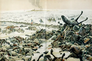 Preussen och Polens kampanj (1806-1807): dagen efter Eylaus seger besökte Napoleon I Bonaparte (1769-1821) slagfältet och de många förlusterna på marken den 9 februari