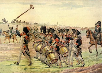 Regemente ur Napoleons armé på marsch mot strid till musikens ljud, ca 1900