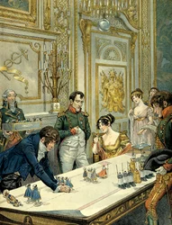 Repetition av processionen under kröningen genomförd av målaren Isabey (1767-1855) i närvaro av Joséphine de Beauharnais (1763-1814) och Napoleon I Bonaparte (1769-1821) på slottet Fontainebleau. Illustration av Jacques Marie Gaston Onfray de Bréville