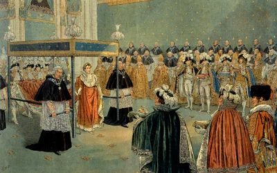 Framställning av Napoleon I:s (1769-1821) kröning i Notre-Dame-katedralen i Paris den 02/12/1804. Illustration av Jacques Marie Gaston Onfray de Bréville, kallad Job (1858-1931). Privatsamling