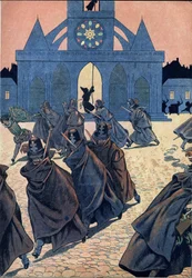 Scen av Frankrikes historia i leksaker: La Saint Barthelemy (Saint-Barthélemy). En munk ringer tocsin från kyrkan Saint Germain l