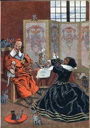 Scen av Frankrikes historia i leksaker: kvinna som ber om förlåtelse från kardinal Richelieu (1585-1642) omgiven av katter. I “” Joujoux a l