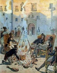 Spanska kriget (1808-1813): Napoleon I Bonapartes franska armé (1769-1821) i Spanien har det bra. I "" Napoleon"" av Georges Montorgueil. Illustration av Jacques Marie Gaston Onfray de Breville dit JOB (1858-1931)