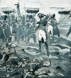 Vakten dog men svarade inte på general Cambronne (1770-1842) som befallde den sista torget i Garde medan fienden bad den franska armén att kapitulera till slaget vid Waterloo den 18 juni 1815. Illustration av Job (Jacques Marie Gaston Onfray och Brevi)