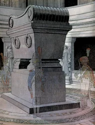 Kejsar Napoleon I Bonapartes (1769-1821) grav vid Invalides med spökvakter. I "" Napoleon"" av Georges Montorgueil. Illustration av Jacques Marie Gaston Onfray de Breville dit JOB (1858-1931)