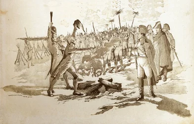 Du behöver inte avslöja dig själv, vi kommer att ge dig en grenadjärs flaggor och kanoner innan slaget vid Austerlitz när Napoleon I Bonaparte (1769-1821) besökte bivackerna. Illustration av Job (Jacques Marie Gaston Onfray och Breville) (Jacques-