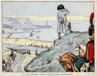 Angreppsprojekt av England av engelsk armé ledd av Napoleon från lägret Boulogne-sur-Mer i mars 1803 - litografi av Job