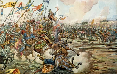 Slaget vid Sonson mellan burgunderna och schweizarna vid Grandson, Schweiz den 2 mars 1476. Illustration av Jacques Marie Gaston Onfray de Breville dit JOBB