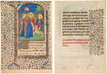 Blad från en timbok: Sts. Geneviève, Katarina av Alexandria och Margareta (recto) och text (verso)