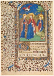 Blad från en timbok: Sts. Geneviève, Katarina av Alexandria och Margareta (rekto)